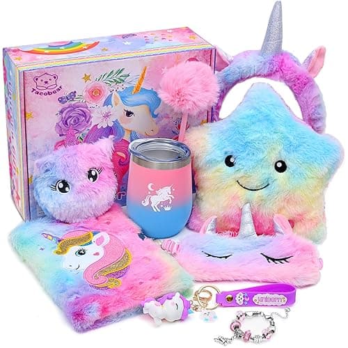 Tacobear Unicorns Gifts for Girls Kids Toys 6 7 8 9 10 Years Old with Star Light Up Pillow Stationery Plush Diary with Lock Headband Water Bottle Teen Girl Birthday Christmas Unicorn Toy (Unicorn 1) - Unicorn 1