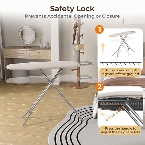 Yaheetech Foldable Ironing Board, Heavy Duty Iron Board with 9 Adjustable Heights, 4 Layer Cover and Safety Iron Rest, 52X14 Compact and Space Save Iron Board for Home Laundry Room Use, Beige thumbnail 8