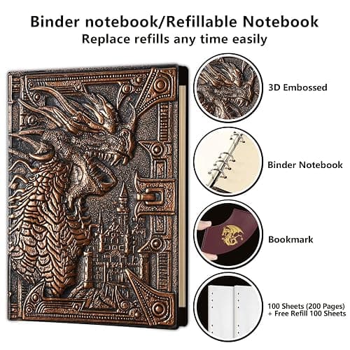 Ancient Deer DND Notebook/Journal, Unique 400 Page Book with 3D Dragons Leather Refillable 6-rings binder and Bookmark for dungeons and dragons D&D dice accessories Role Playing Games,Great DND Gifts thumbnail 4
