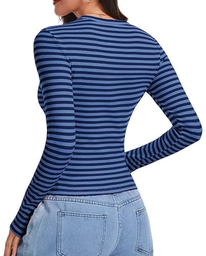 Eyanse Ribbed Long Sleeve Tops for Women,Stretch Striped Shirt Slim Fit Tee thumbnail 6