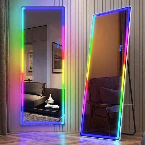 LVSOMT 63 X 22 Full Length Mirror with Lights, RGB Large Wall Mirror Full Length, Standing Full Body Dressing Mirror Wall Mounted Mirrors for Bedroom Living Room Cloakroom, White - Image 1