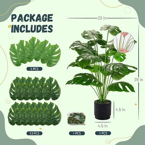 Der Rose 28" Black Pot Fake Monstera Plants, Large Artificial Potted Plants for Indoor & Outdoor Floor Front Porch Modern Decor thumbnail 3