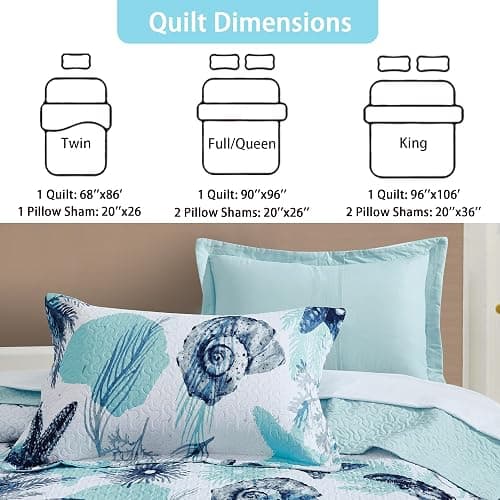 Tritard 3 Piece Coastal Full/Queen Quilt Sets Nautical Reversible Lightweight Bedspread Coverlet with 2 Shams Blue Starfish Conch Beach Microfiber Bedding Quilt Set for All Season, 90''x96'' thumbnail 5