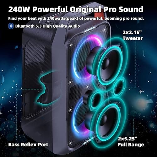 Foxdawn Party Bluetooth Speaker: 240W Peak Loud Sound, Deep Bass, 15H Playtime, Fast Charge, IPX4 Waterproof, TWS, Led Light Show, Large Portable Wireless Speakers for Outdoor, Camping, Backyard, Home thumbnail 2