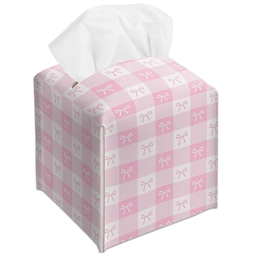 ❤️Pink Gingham Bow Decorative Leather Tissue Box Cover - Cute Tissue Holder Gifts for Women and Friends Funny Unique for Home Decor Decorative for Kitchen Bathroom Nightstands Office - A21 - Image 1