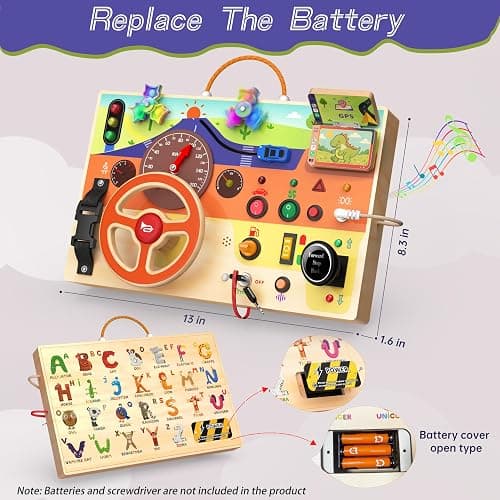 flycoost Busy Board Montessori Toys for Toddlers 1-3 with Steering Wheel | Wooden Lights Driving Activity Board Sensory Montessori Busy Board for 1+ Year Old, Toddler Learning & Travel Toy thumbnail 2