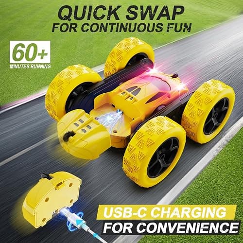 QUNREDA Remote Control Car,RC Car Toys for 6-12 Year Old Boys, Off Road RC Stunt Car 4WD 360° Rotating Remote Control Car for Kids, Boys Girls Gifts for Birthday, Christmas Yellow thumbnail 2