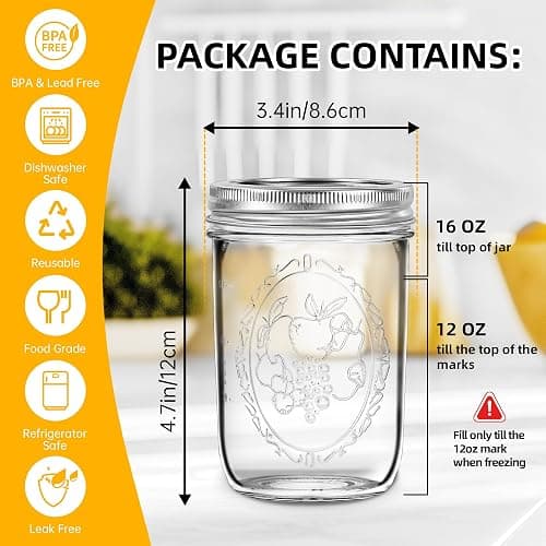 Miuyhji 16 oz Wide Mouth Glass Mason Jars with Lids, 2 Pack for Canning | Embossed measurement marks and wide mouths make filling easier for overnight oats, pickling, preserving, and meal prep thumbnail 3