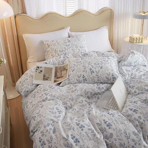 HighBuy White Blue Floral Cottagecore Boho Comforter Set, Full Size, 3 Piece, 1 Comforter & 2 Pillowcases, All Season thumbnail 4
