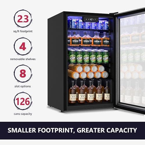 Icyglee Beverage Refrigerator Cooler, 126 Can Mini Fridge with Glass Door for Wine, Soda Beer, Beverage Cooler for Home, Bar, Office with Adjustable Removable Shelves, Black thumbnail 2