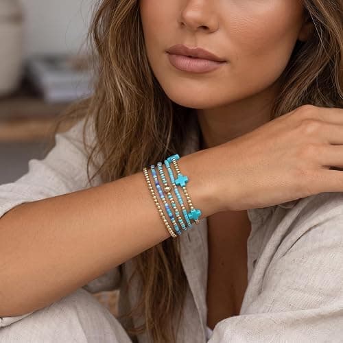 Bohxantium Gold Beaded Bracelets Stack for Women Stackable 14K Gold Plated Beads Ball Cross Bracelet Boho Christian Jewelry Faith Friendship Birthday Gifts for Women thumbnail 2
