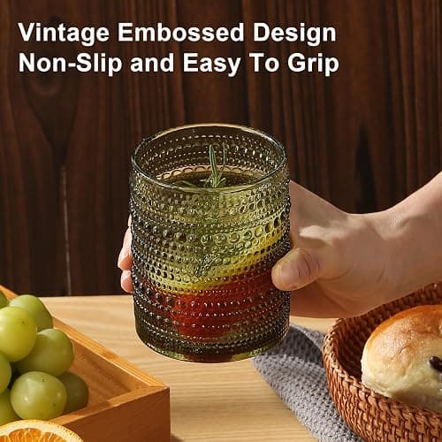 ZMOWIPDL Vintage Hobnail Drinking Glasses Set of 8,Green 12 oz & 15oz Highball Glass Cups, Kitchen Drinkware Glassware,Embossed Water Tumbler,for Beer,Cocktail,Whiskey,Juice and Various Mixed Drinks thumbnail 7