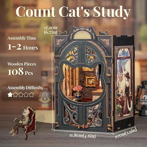 CUTEBEE DIY Book Nook Kit, Miniature House Kits for Adult and Teens, DIY Miniature Book Nook kit with Sensor Led Light, Gifts for Lovers and Family (Count Cat's Study) thumbnail 3