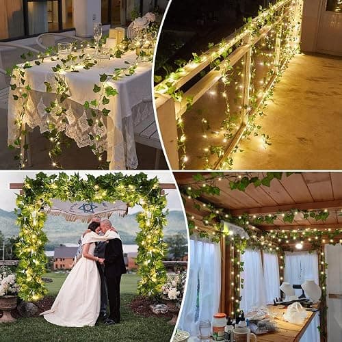 A.bigwhale Lichterkette mit Blättern, Efeu Künstlich mit Lichterkette, Efeugirlande Lichterkette Innen 2m, Grüne Blatt Efeuranke mit 20 LED Licht, Frühling Pflanzen Dekoration für Hochzeit Party thumbnail 5