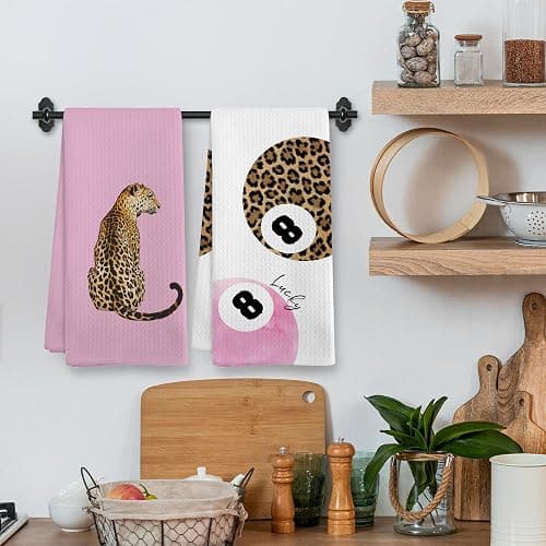 XNXLDYLH Trendy Leopard Cheetah Print Poker Lucky 8 Ball Bathroom Home Decor, Preppy Pink Leopard Decor Dish Hand Tea Towels for Bathroom Sets of 4, Cheetah Kitchen Towels and Dishcloths, 16x24 Inch thumbnail 2