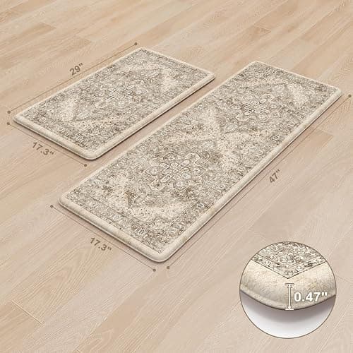 KIMODE Anti Fatigue Kitchen Mats 2 PCS 17"x47"+17"x29", Boho Kitchen Rugs and Mats, Non Slip Cushioned Kitchen Mats for Floor, Waterproof Kitchen Floor Mats for Laundry, Office, Sink, Khaki - 17.3" x 47"+17.3" x 29"--0.47 inches - Khaki/Multi thumbnail 2