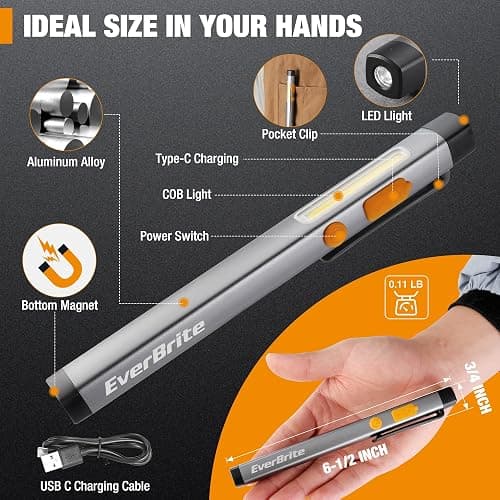 EverBrite Pen Flashlight, Rechargeable LED Pen Light, COB Light with White and Red Modes, Memory Function, USB C Cable, 6 Modes Pocket Penlight with Clip and Magnet, Waterproof, for Camping, Emergency thumbnail 3