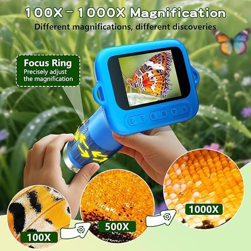 Odatay Microscope for Kids with 12 Slides, 100X-1000X 1080P Digital Handheld Kids Microscope, Mini Portable Pocket Miniscope Science Toys Gifts for 3+ 4 5 6 7 8 9 10 11 12 Year Old Boys Girls, Blue thumbnail 4