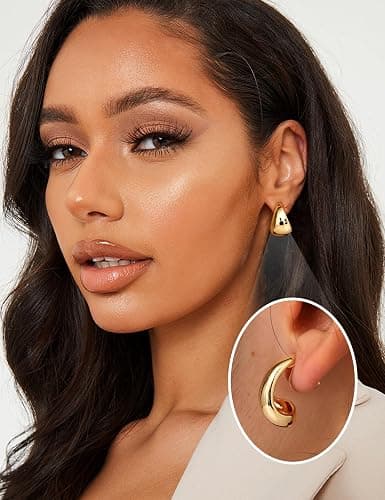 BESTEEL 3Pairs Clip on Earrings for Women Trendy Hypoallergenic 14K Gold Plated Chunky Tube Croissant Waterdrop Clip-on Hoop Earrings Set Fake Jewelry Non Pierced Ears thumbnail 3