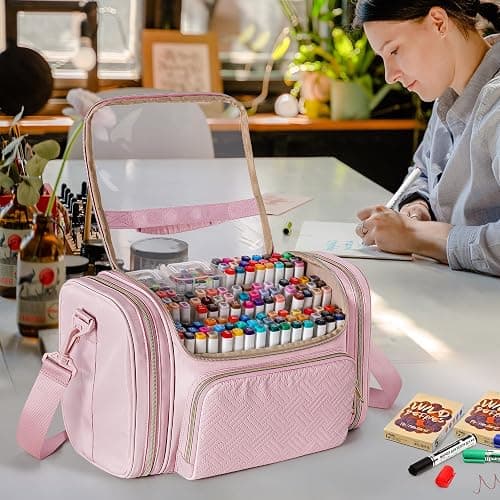 Rexmica Marker Organizer Bag for 180-300 Markers, Large Marker Storage Case with Detachable Divider for Adults, Markers Travel Holder Case Bag for Various Markers or Other Art Craft Supply, Pink thumbnail 8