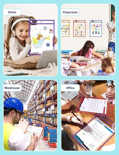SUNEE 6 Packs Oversized Reusable Dry Erase Pocket Sleeves with Binder Ring, 6 Assorted Colors 10x14 Ticket Holders, Clear Plastic Sheet Protectors, Teacher School Classroom Supplies thumbnail 7