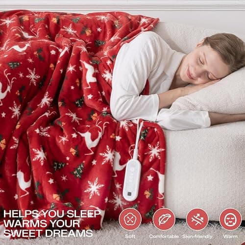 Electric Blanket Heated Throw, Soft Flannel Christmas Heated Blanket with 8 Hours Auto Off & 8 Fast Heating Levels Machine Washable Sherpa Heating Blanket with Overheating Protection Gift for Women thumbnail 3