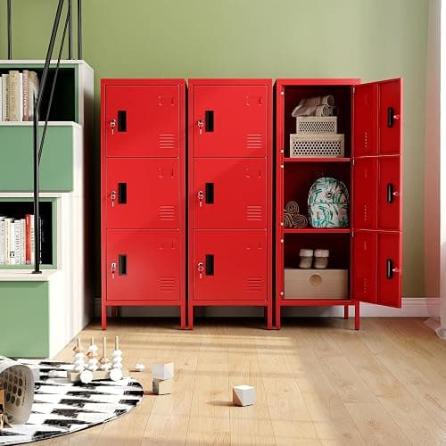 SUPEER Metal Storage Locker with Ventilation Holes, Metal Storage Locker with Lock and Card Slot for School, Office, Home,47.3" H x 15.8" W x 15.8" D,Assembly Required,Red thumbnail 6