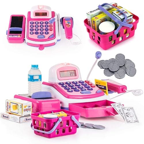 Prextex Pretend Play Store Electronic Toy Cash Register for Kids - STEM Toy with Mic Speaker and Play Money Included - Image 1