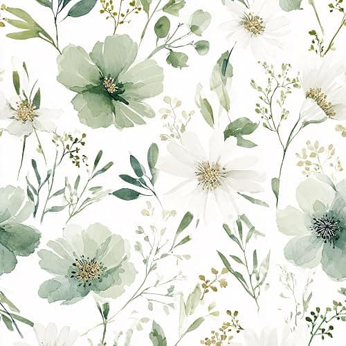 Akodm Sage Green Floral Peel and Stick Wallpaper Self Adhesive Removable Modern for Bedroom Accent Wall Renter Friendly Thick Watercolor Natural Flower Wallpaper 17.7" x 393.7" - Image 1
