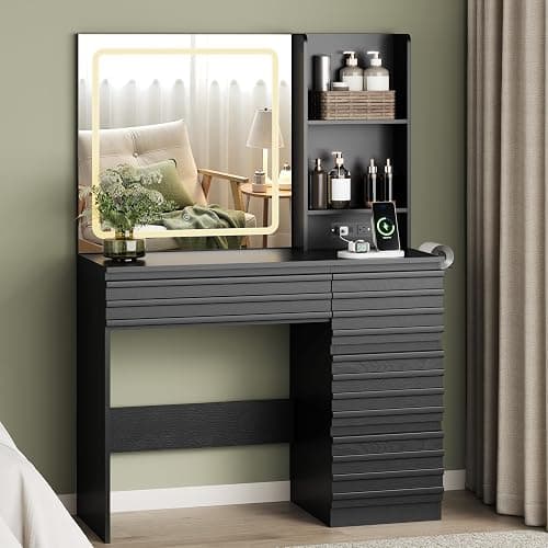 jmhdyg Makeup Vanity Desk with Lights, Fluted Vanity with 4 Drawers, Open Shelves, Power Outlet, LED Lighted Mirror, 3 Lighting Modes & Brightness Adjustable, Wood Dressing Table for Bedroom,Black thumbnail 7