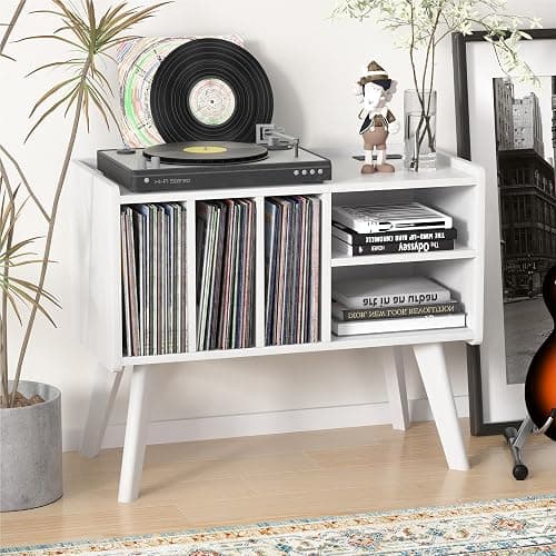 Forevich Record Player Stand Table with Vinyl Storage Holder Large Turntable Record Stand with Power Outlet Holds Up to 220 Albums Display Shelf Cabinet with Wood Legs for Living Room White - White thumbnail 2