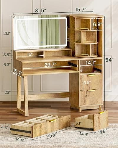 47" Makeup Vanity Desk with LED light and HD mirror, Walnut vanity table | 360 Rotating Storage Shelf, 28" Custom Divider Drawer, Built-in Power Hub,Ideal Gift for daughter and yourself in bedroom thumbnail 2