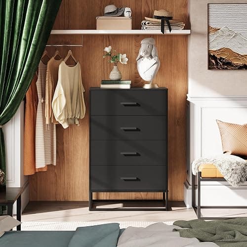 WLIVE Black Dresser for Bedroom with 4 Drawers, Tall Wood Dresser with Sturdy Metal Frame, Wooden Chest of Drawers for Hallway, Living Room, Closet thumbnail 2