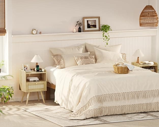 SUPERJARE Nightstands Set of 2, Night Stands with Charging Station & PE Rattan Decor Drawer, Bed Side Tables with Solid Wood Feet, End Table, for Bedroom, Living Room - Natural thumbnail 9