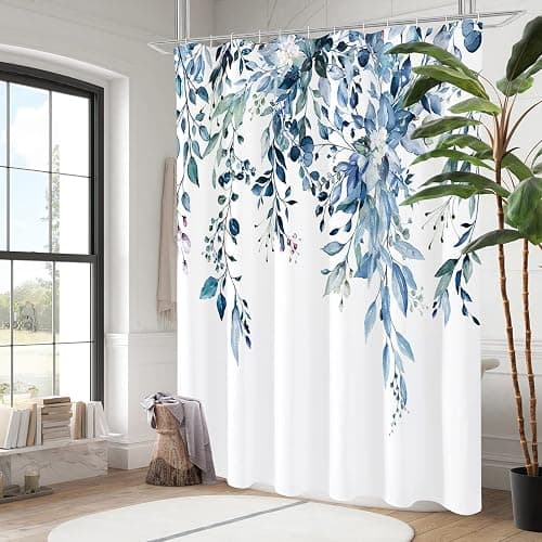 Gibelle Long Shower Curtain 72 x 78, Blue Floral Shower Curtain for Bathroom, Watercolor Plant Eucalyptus Leaves Fabric Shower Curtain Set thumbnail 3