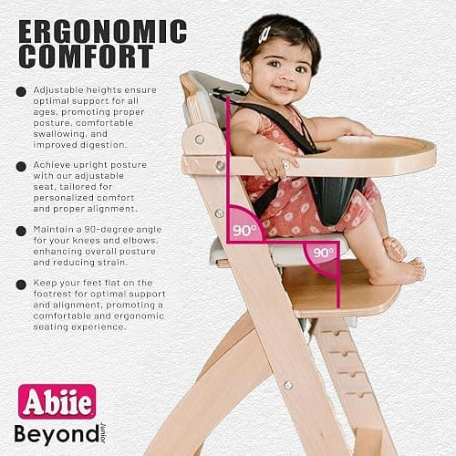 Abiie Beyond Junior Wooden High Chair with Tray - Adjustable and Convertible High Chair for Babies and Toddlers - 6 Months to 250 Lb - Water Resistant - Natural Wood/Dove Grey Cushion thumbnail 5