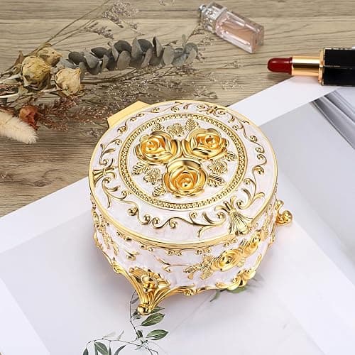 Hipiwe Round Jewery Box Metal Trinket Organizer Decorative Keepsake Box for Trrasure Ring Earring Holder Vintage Jewelry Display Case, Beige, 5.7" L x 5.1" W x 3.5" H thumbnail 5