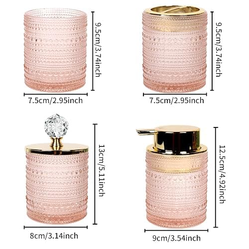 FEILANDUO Bathroom Accessories Set,4Pcs Glass Bathroom Accessories,Vanity Bathroom Decor, Soap Dispenser, Toothbrush Holder Set, Apothecary Jar, Gift for Home Apartment (Pink) thumbnail 3