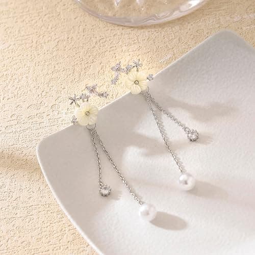Dangle Pearl Drop Earrings For Women Trendy Long Threader Chain Dainty Flower Wedding Earrings For Brides CZ Cute 14K Gold Statement Sparkly Jewelry thumbnail 3