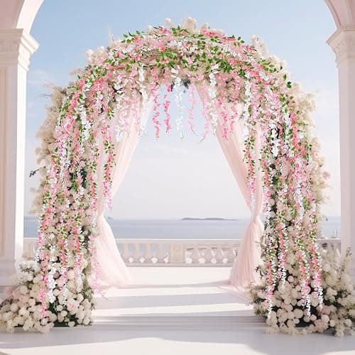 Thiccywoov 4pcs Wisteria Artificial Flowers Garland, 7.2Ft/Piece Wisteria Hanging Flowers Garland for Wedding Arch Decoration Outdoor Ceremony Home Backdrop Garden (Pink,Dark Pink,White) thumbnail 2