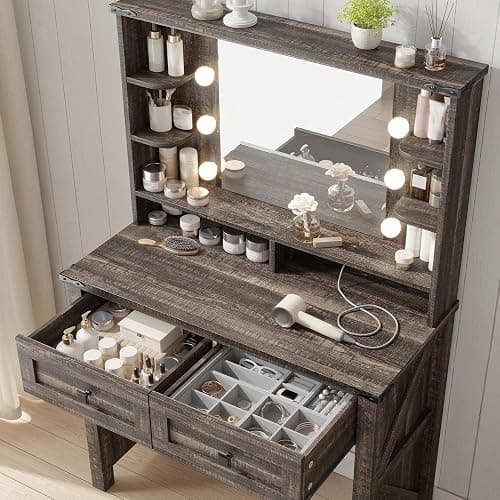 EnHomee Small Vanity Desk with Mirror and Lights, Makeup Vanity with Storage Drawer, Wooden Vanity Desk with Charging Staion for Women's Bedroom, Small Space, Dark Oak thumbnail 4