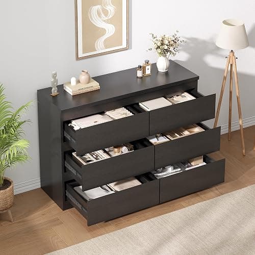 Jocoevol Black 6 Drawer Dresser for Bedroom, 15.3" D x 47.2" W x 32.3" H in Simply Modern Chest of Drawers, Wood Storage Double Dresser with Deep Drawers for Living Room, Hallway Entryway, Black thumbnail 7