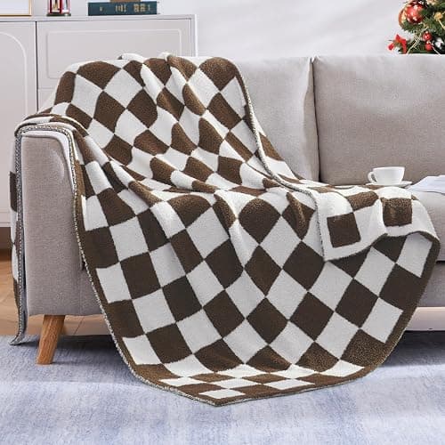 WRENSONGE Checkered Throw Blanket, Coffee Soft Cozy Fluffy Warm Hand Made Throw Blankets for Couch, Sofa, Chair, Bed, Camping, Picnic, Travel Lightweight Bed Blanket - 50"*70" - Image 1