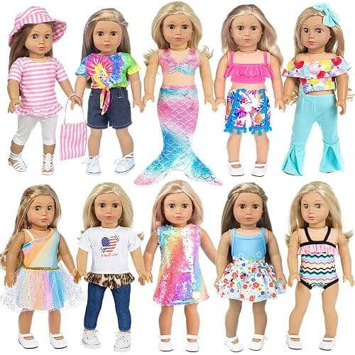 iBayda 18 Inch Doll Fashion Clothes - 10 Sets Include Outfits, Mermaid Dress, Bikini, Hats & Handbags Accessories (Doll Not Included) - Image 1