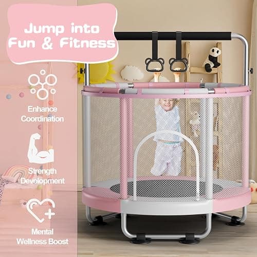 ZCMHAXJ 55" Trampoline for Kids with Enclosure, 440lbs Capacity Indoor & Outdoor Toddler Trampoline with Adjustable Gymnastics Bar & Toys, for Boys & Girls - Pink thumbnail 3