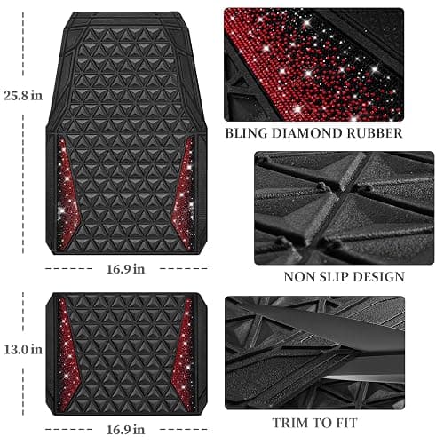 CAR PASS Bling Diamond Car Mats Rubber Floor Mats Full Set Anti-Slip 3D Rhombus Waterproof Trim to Fit Liner Universal Glitter Crystal Sparkly Shining Rhinestone Girl Women SUV Sedan Van, Black Red thumbnail 4
