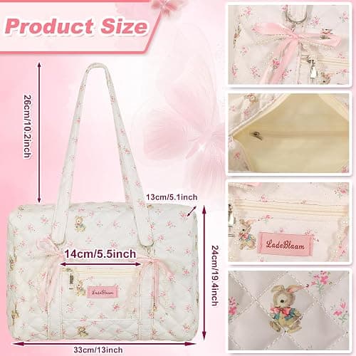 Coquette Tasche mit Schleife, Schlüsselanhänger, Weiß / Rosa, Blumenmuster, Reisetasche, für Damen, Sweetly Bunny Handtasche, niedlich, gesteppt, Puffertasche, Schultertasche, Handgepäcktasche für thumbnail 4