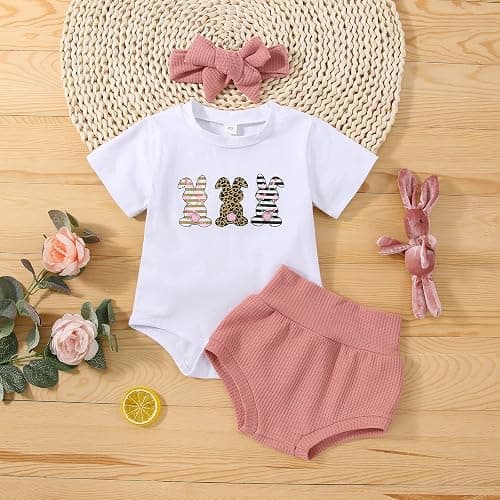 Fernvia Infant Baby Girls Easter Outfits Short Sleeve Rabbit Print Romper Elastic Waist Shorts with Hairband 3Pcs Clothes Set thumbnail 2