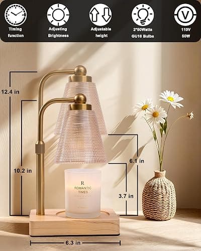 HONGZZI Candle Warmer Lamp with Timer - Adjustable Height & Brightness - Wood Base Glass Shade - 2 Bulbs Included(Square Gold) thumbnail 2