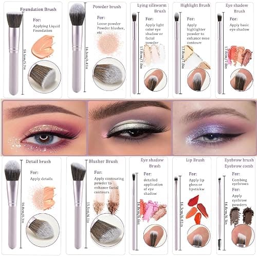 YJ-Anyue 10-Piece purple Wooden Makeup Brushes Set, Professional Foundation Concealer Contour Eyeshadow Kabuki Brushes, Premium Synthetic Bristles for Liquid Powder Cream thumbnail 2